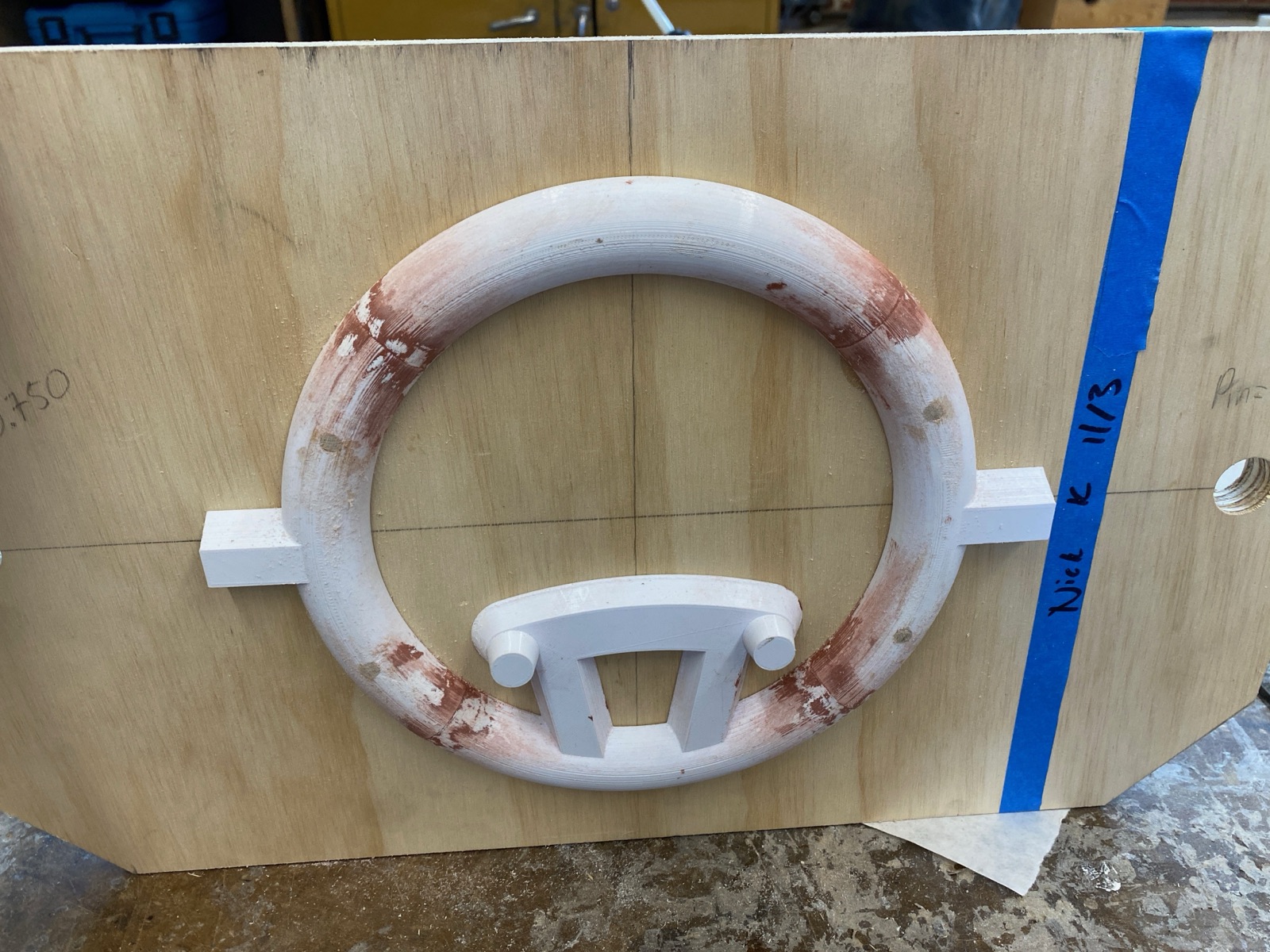 PLA ring pattern half on a wooden parting board, dated and marked.