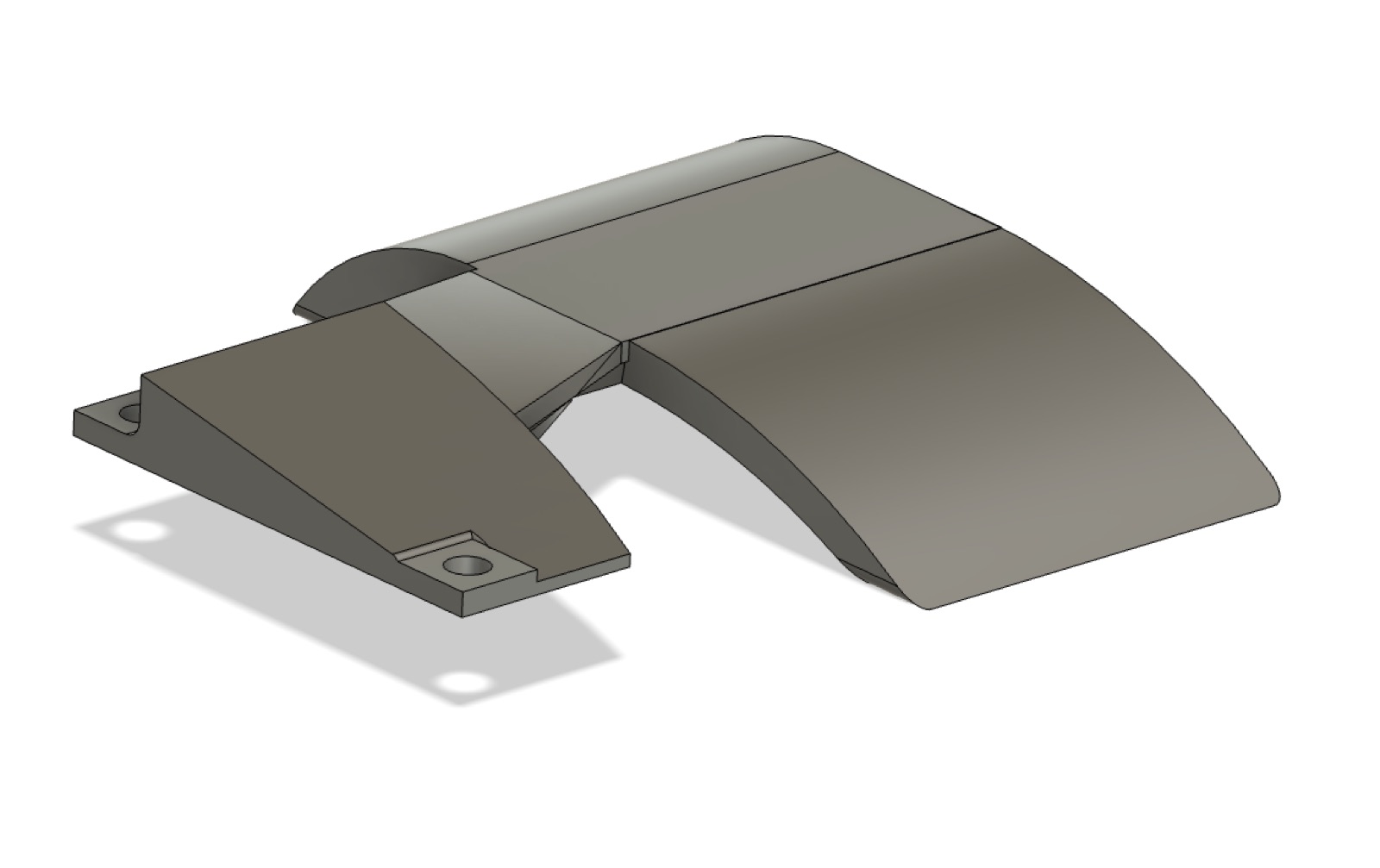 V1 CAD render — single PLA body with the base plate flowing continuously into the arc.