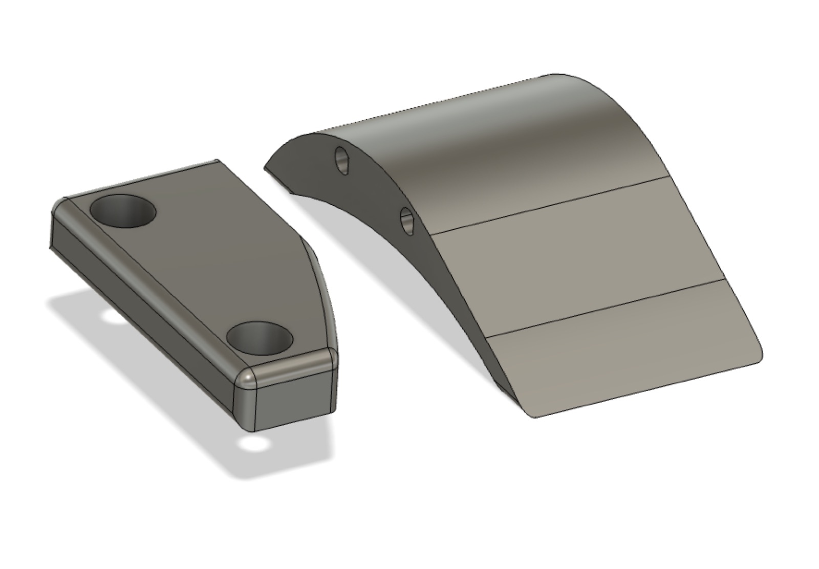 V2 CAD render — two-body design with separate base plate and arc body, joined by two D-shafts.