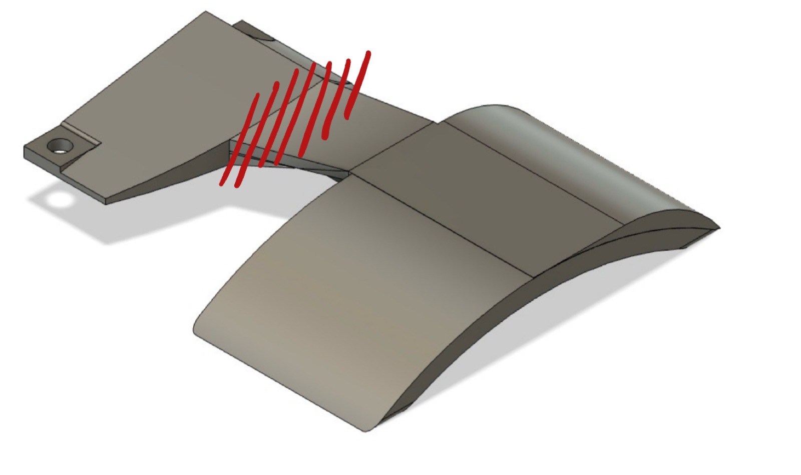 V1 CAD render with red hatching marking the failure location at the body-to-arc geometric transition.