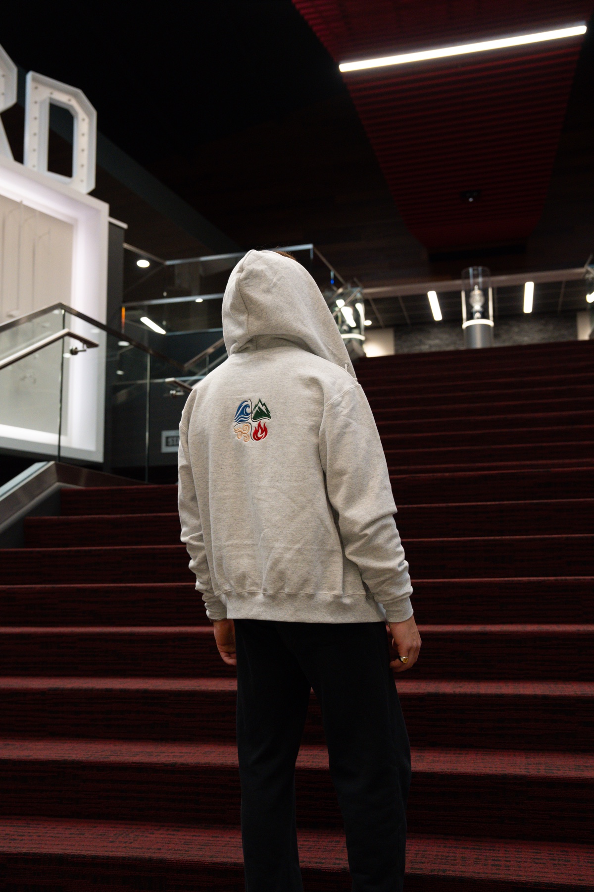 Walking up a stairwell in the hoodie