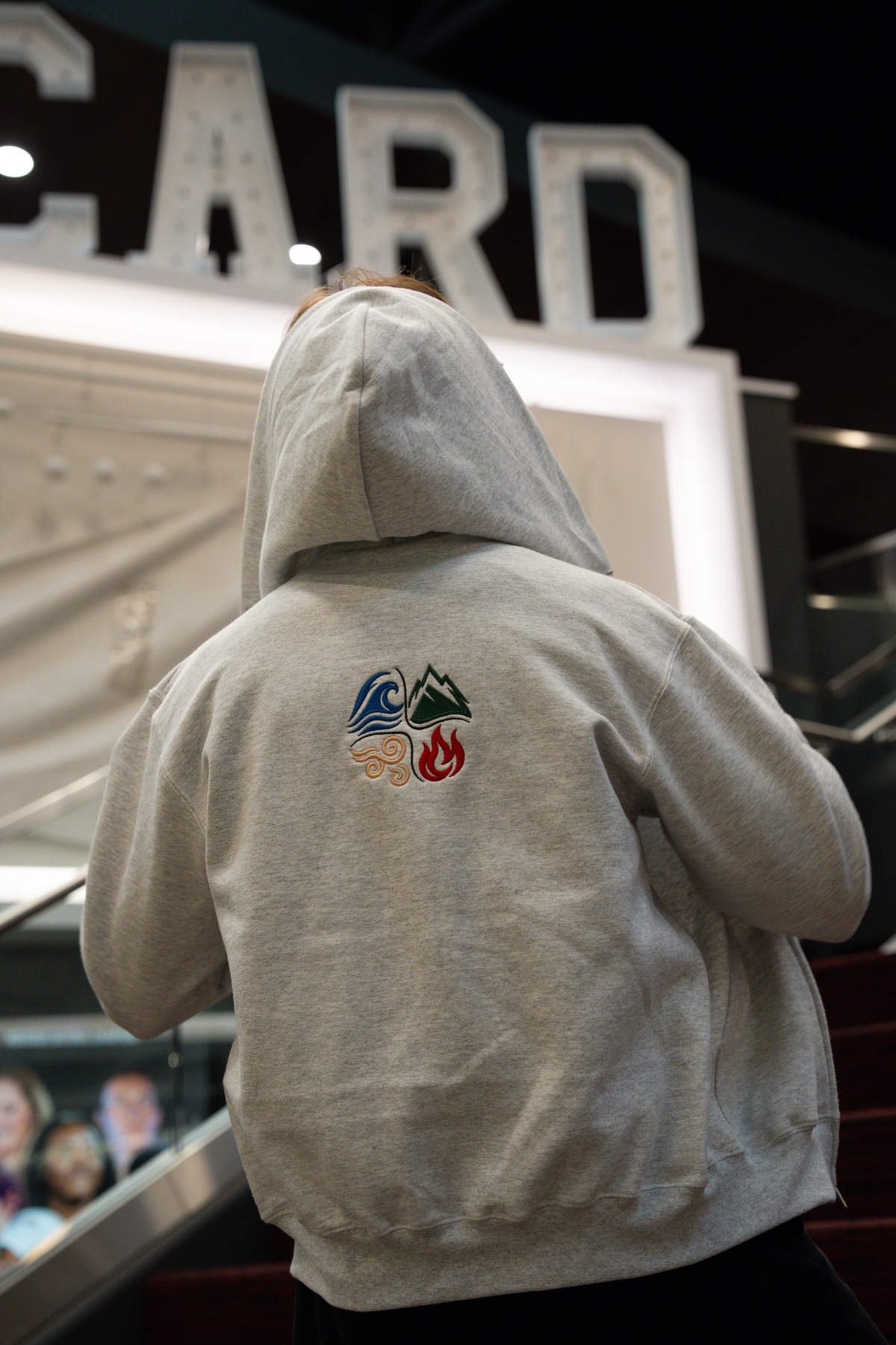 Back of the hoodie showing the four element emblem with Stanford CARD signage behind