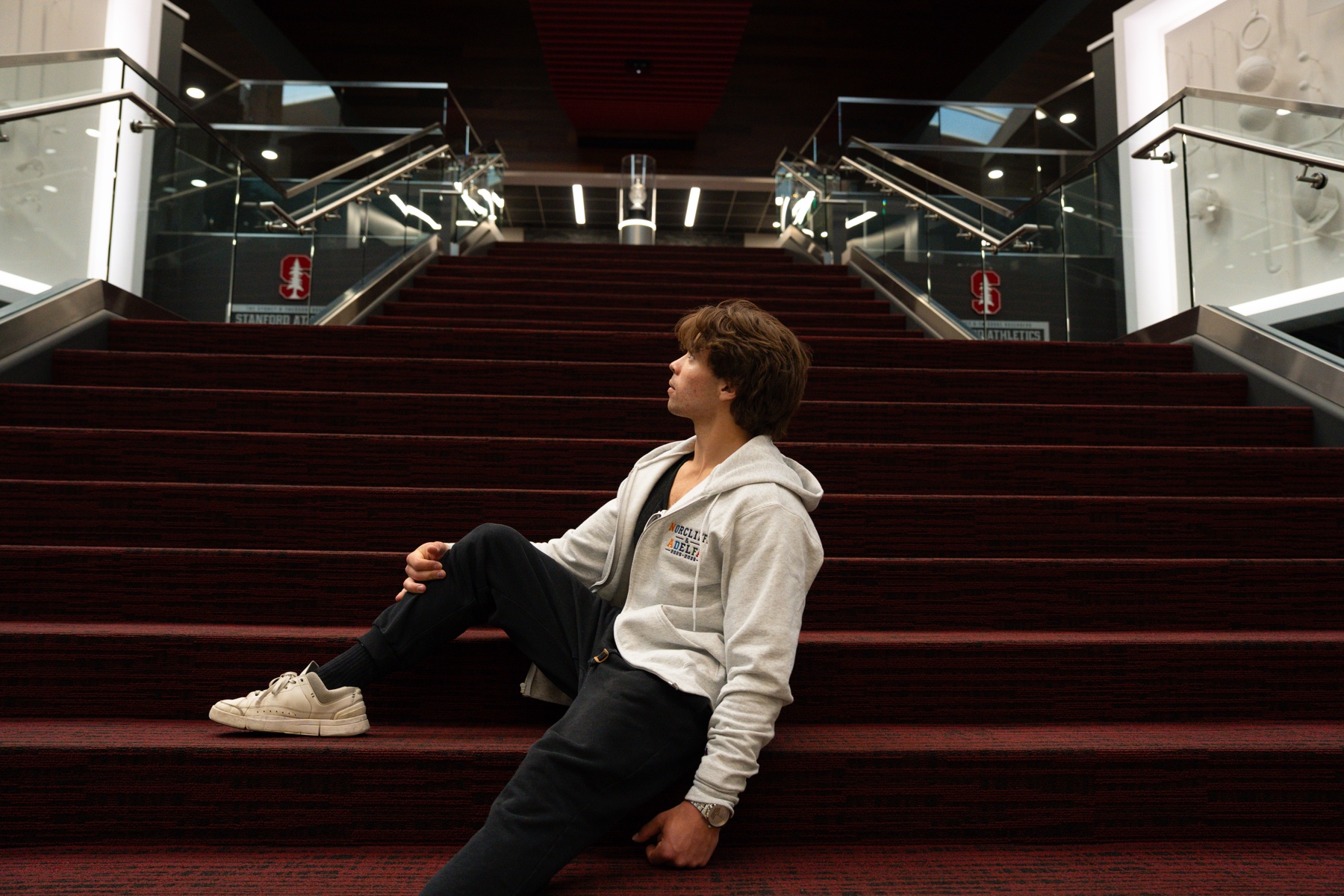 Nick wearing the Norcliffe and Adelfa zip-up hoodie on the Memorial Auditorium stairs